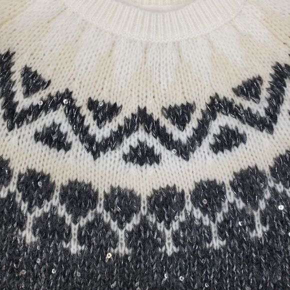 Gap Kids Fair Isle Sweater Sequin Knit Gray Crew Neck Wool Blend Holiday M Girls - Picture 4 of 11